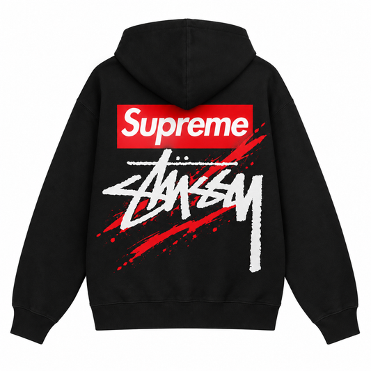Supreme × Stussy レッドブラッシュ バックプリントパーカー