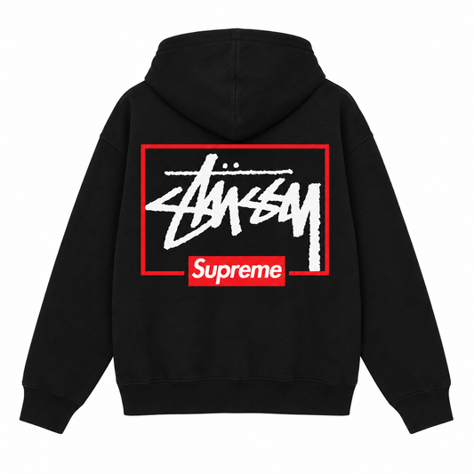 Supreme × Stussy レッドフレーム バックプリントパーカー
