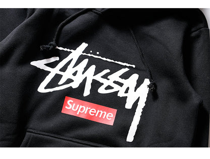 大人気コラボレーション Supreme X Stussy Logo Cotton フーデッド パーカー ブラック